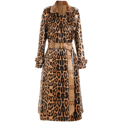 Women's Leopard Print Long Trench Goddess Sleeve Coats