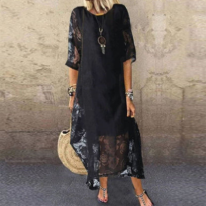 Round Neck Sleeve Lace Long Dress Shorts