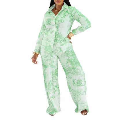 Women's Fashion Casual Long-sleeved Shirt Trousers Two-piece Suits