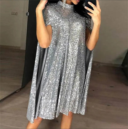 Women's Sequin Long Sleeve Split Dress Small Stand Dresses