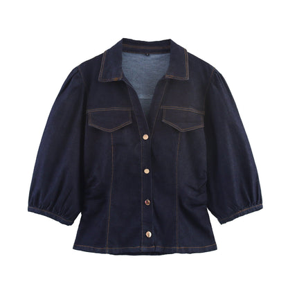 Women's Slim Denim Puff Sleeve Shirt Flared Suits