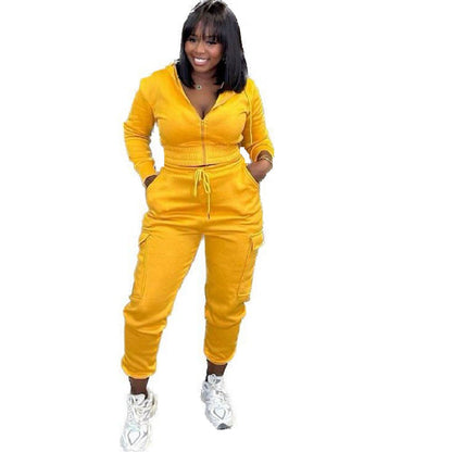 Women's Brushed Hoody Overalls Pocket Solid Color Suits