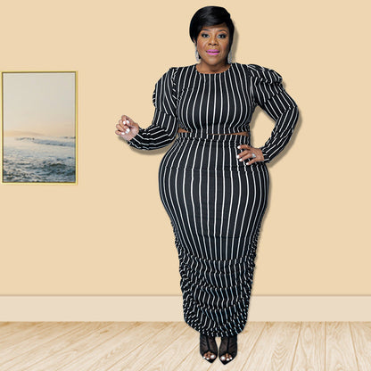 Women's Summer Striped Printed Bubble Long Sleeve Suits