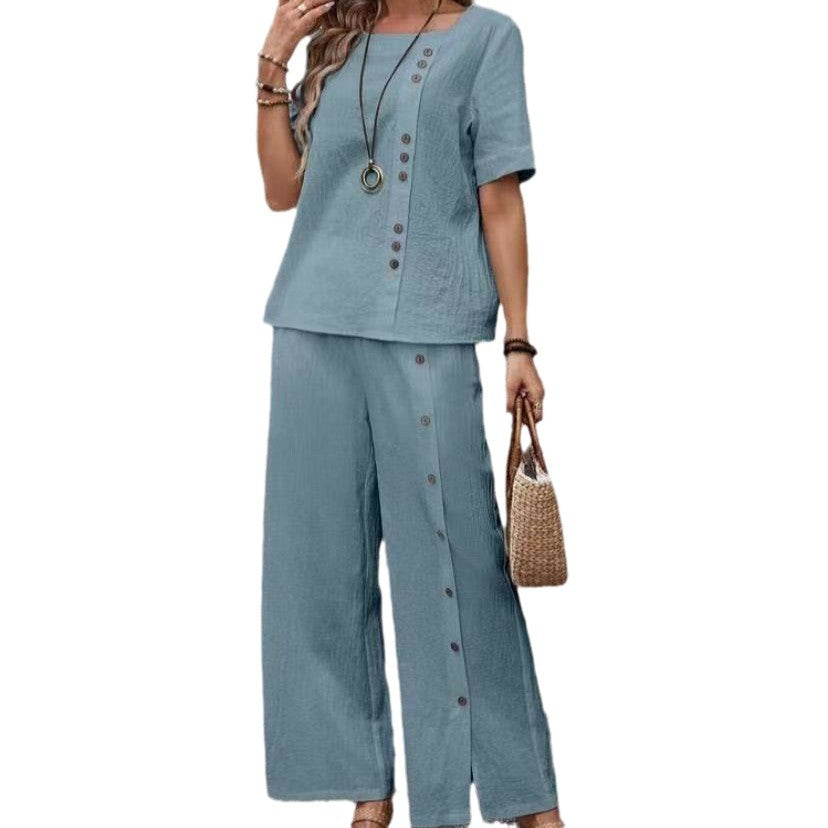 Women's Linen Fashion Casual Loose Two-piece Sleeve Button Suits