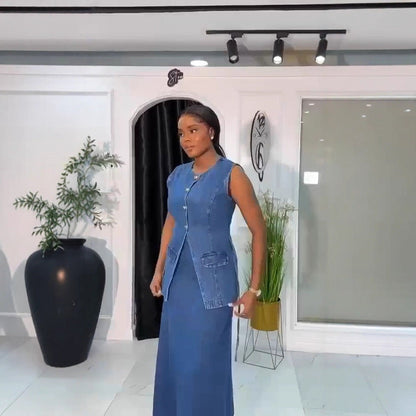Women's Fashion Wear Denim Sleeveless Button Pocket Suits