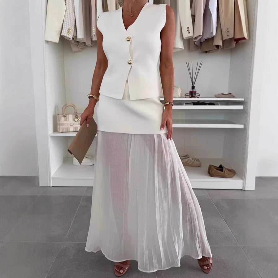 Women's Elegant Slim Knit Tulle Stitching Ruffle Suits