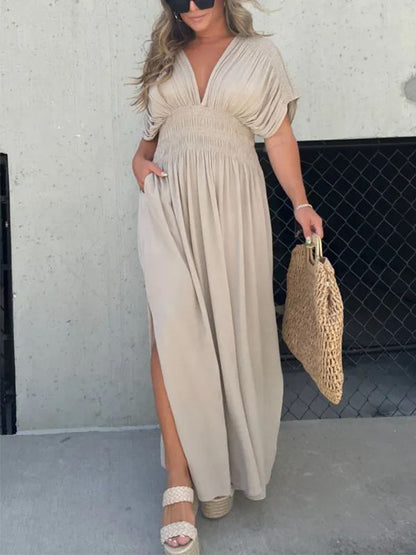 Solid Color Bat Sleeve Elastic Waisted Slimming Dresses