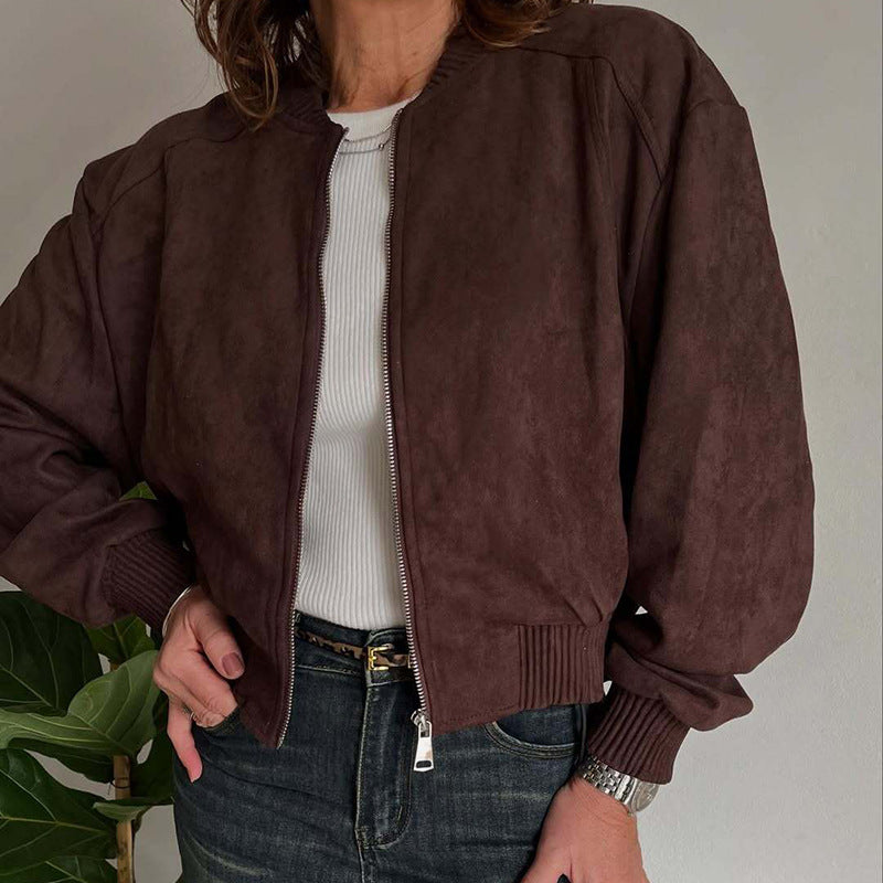 Women's Fashionable Suede Solid Color Zipper Commuter Jackets