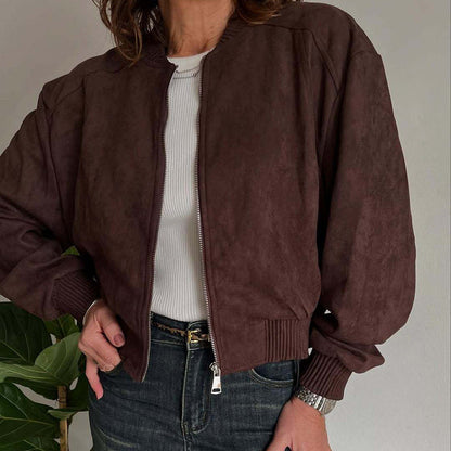 Women's Fashionable Suede Solid Color Zipper Commuter Jackets