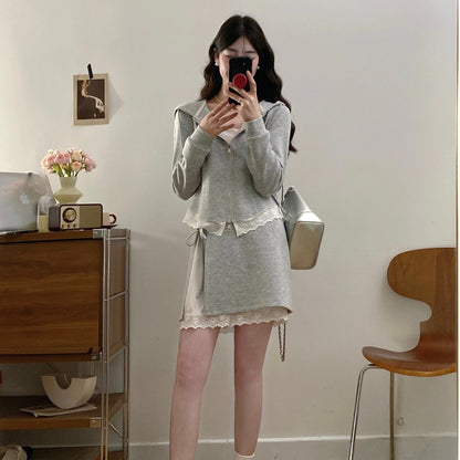 Women's Fat Lace Stitching Hooded Autumn High Waist Korean Tops