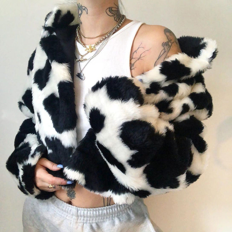 Women's Black White Polka Dot Plush Loose Coats