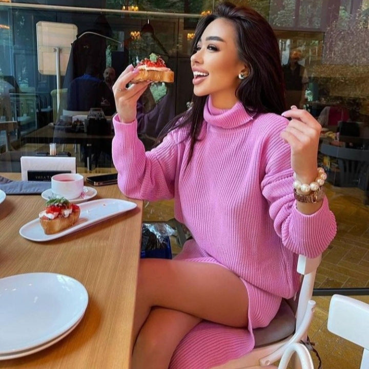 Turtleneck Loose Pullover Split Sexy Long Suits