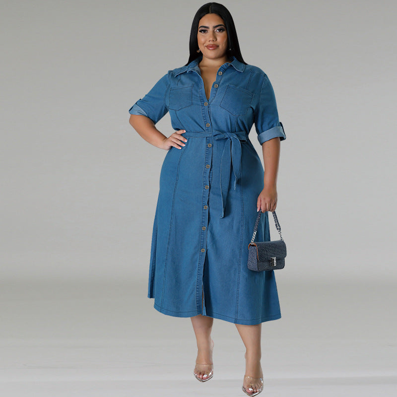 Women's Denim Lapel Long Sleeve Tied Mid-length Dresses