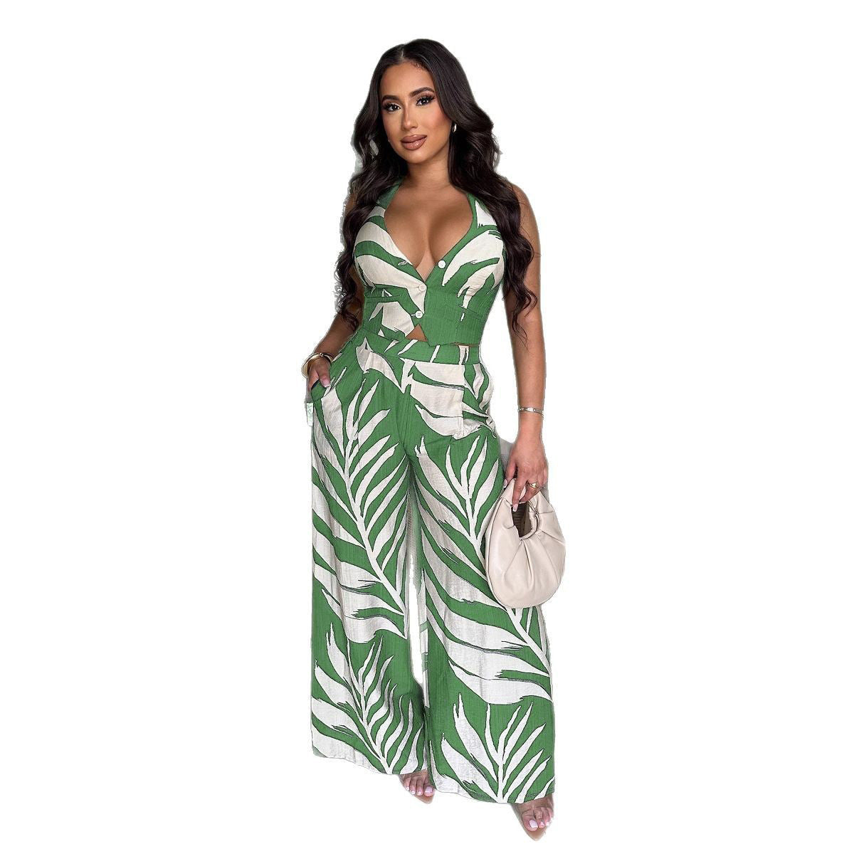 Women's Sexy Print Halter Smocking Wide Leg Suits