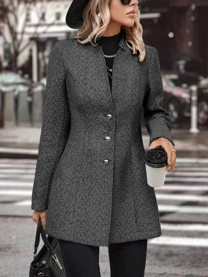 Women's Solid Color Stand Collar Button Trench Coats