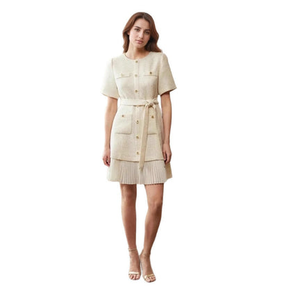 Retro Crew Neck Tweed Breasted Waist Dresses