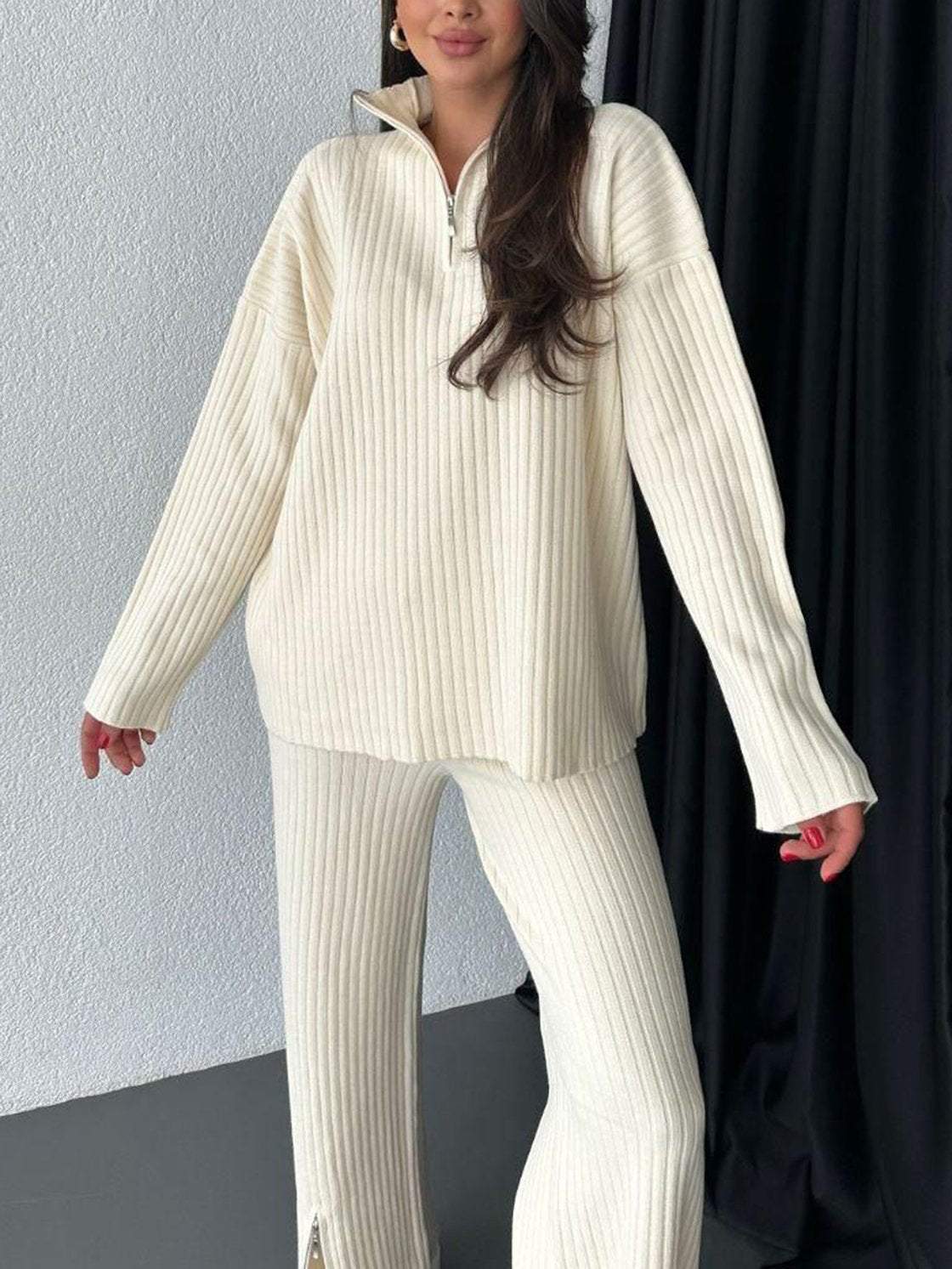 Women's Color Zipper Knitting High Neck Ribbing Suits