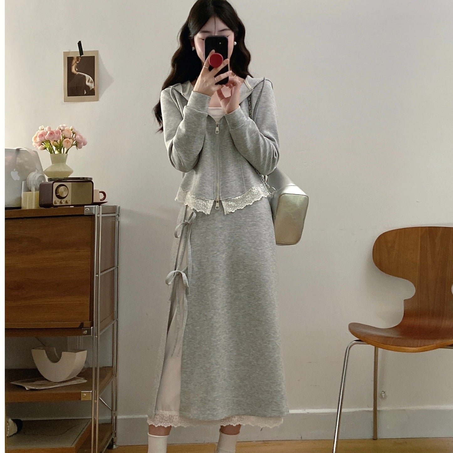 Women's Fat Lace Stitching Hooded Autumn High Waist Korean Tops