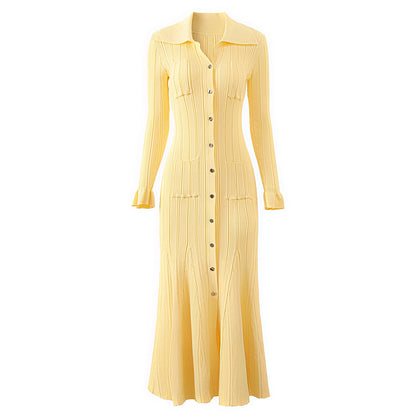 Bright Yellow Collar Long Sleeve Knitted Dresses
