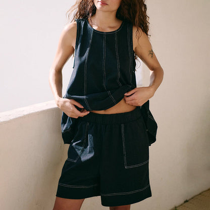 Women's Casual Loose Pockets Sleeveless Tank Denim Suits