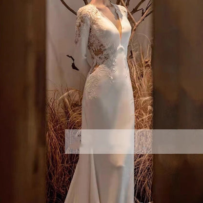 Neck Lace Long Sleeve Satin Slim Wedding Dresses