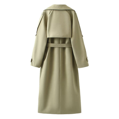 Women's Long Green Section Woolen Loose Trench Coats