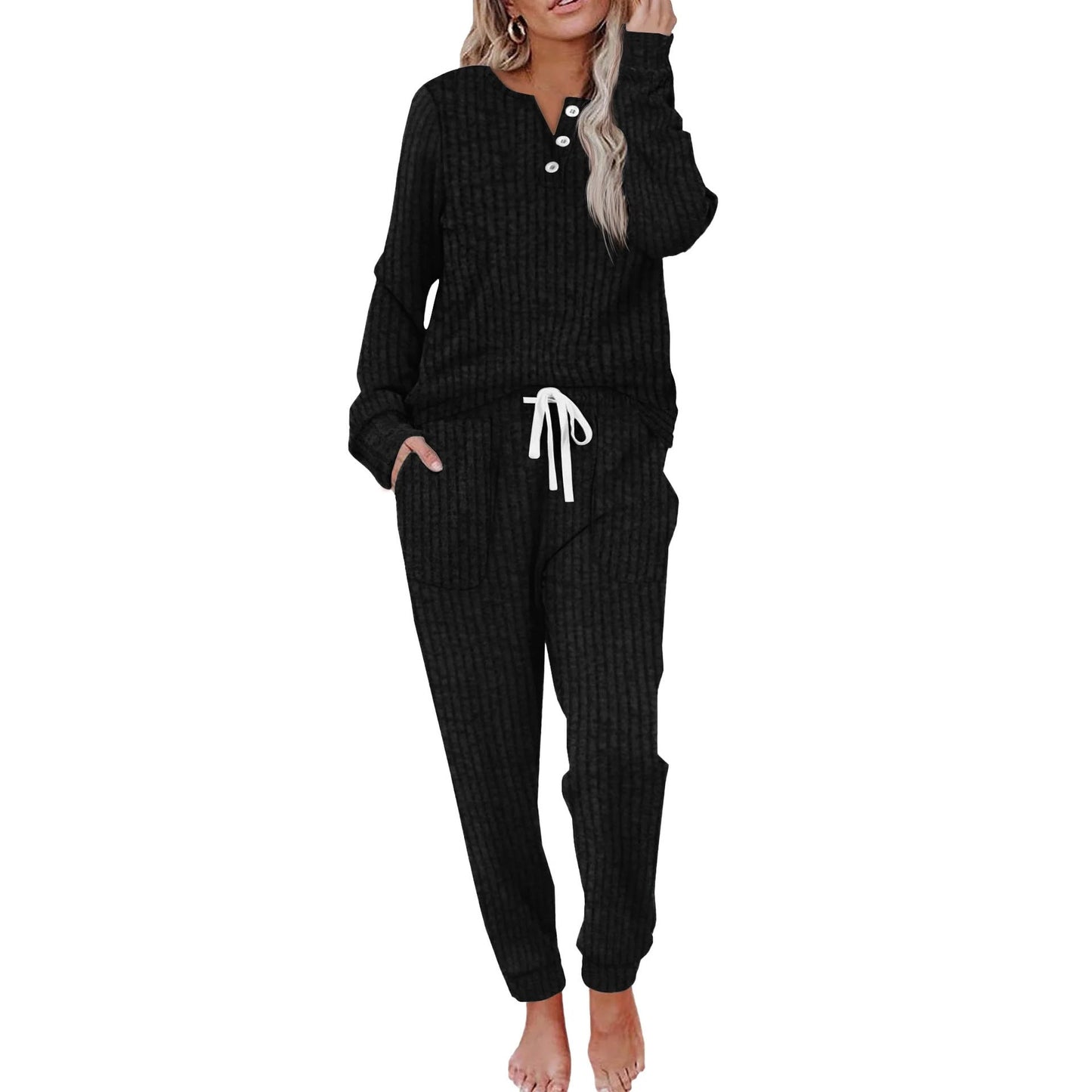 Women's Two-piece Casual Pocket Buckle Sports Trousers Sweaters