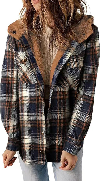 Women's Long-sleeved Plaid Woolen Hooded Lamb Wool Sweaters