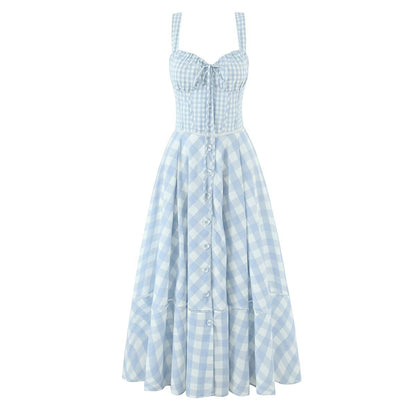 Women's Dignified Hollow Stitched Backless Large Swing Waist Trimming Spaghetti Dresses
