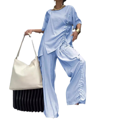 Women's Summer Fashion Casual Round Neck T-shirt Trousers Suits
