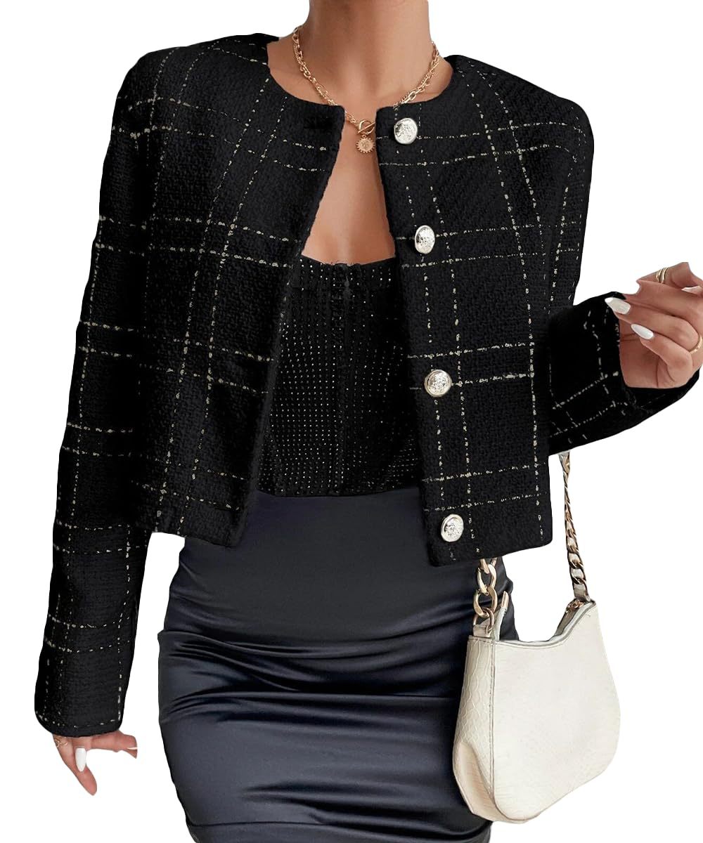 Women's Plaid Button Front Elegant Round Neck Coats