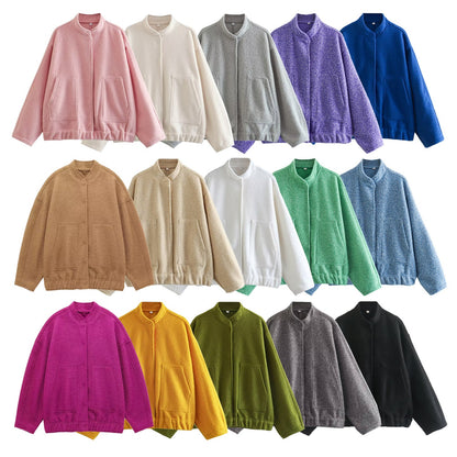 Women's Color Loose Casual Street Stand Collar Hidden Coats