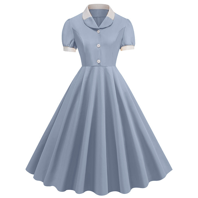 Patchwork Waist Trimming Short-sleeved Retro Hepburn Dresses