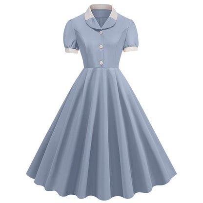 Patchwork Waist Trimming Short-sleeved Retro Hepburn Dresses