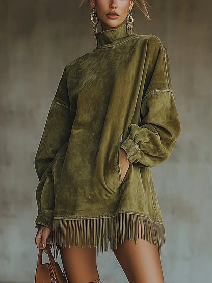 Women's Long-sleeved Solid Color Distressed Tassel Patchwork Sweaters