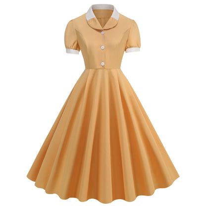 Patchwork Waist Trimming Short-sleeved Retro Hepburn Dresses