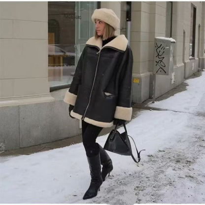 Women's Fashion Cashmere Leather Fur Collar Composite Coats