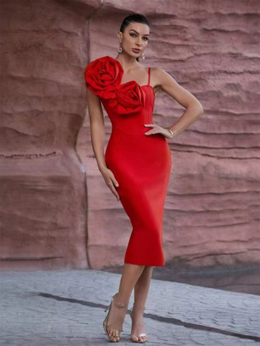 Christmas Sexy Sling Three-dimensional Flower Temperament Dresses