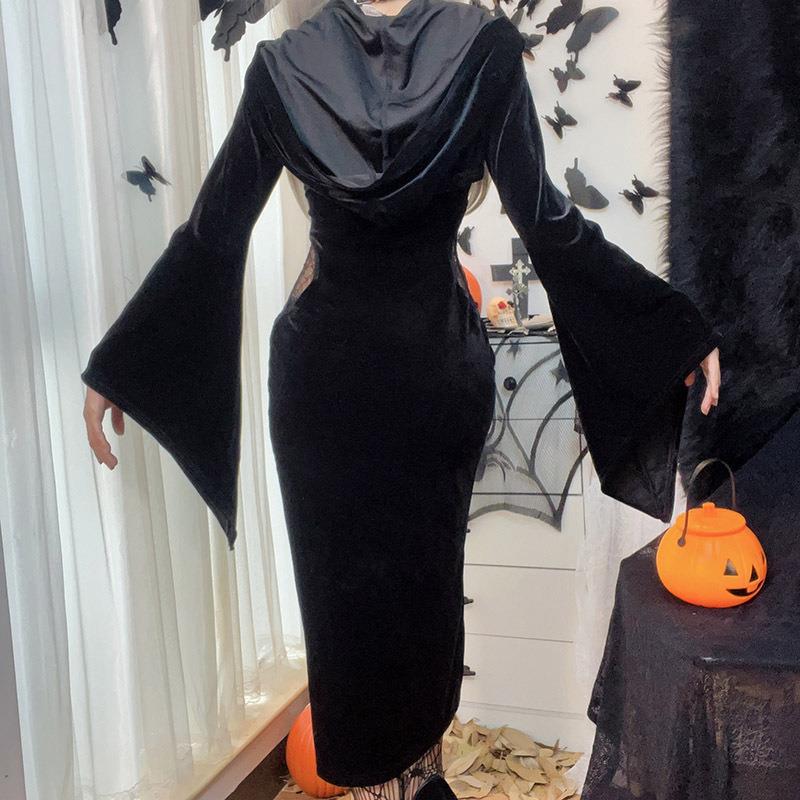 Women's Halloween Dress Hooded Flare Sleeve Spider Dresses