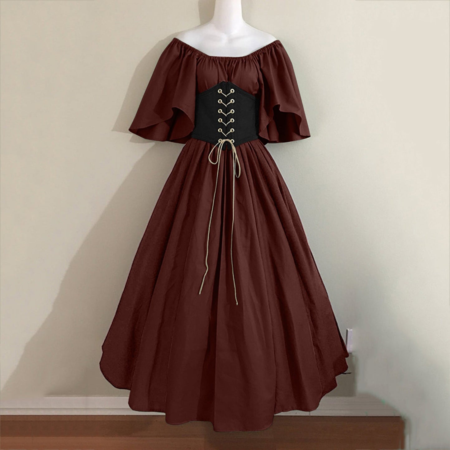 Women's Retro Color Contrast Patchwork Flying Sleeves Cinched Dresses