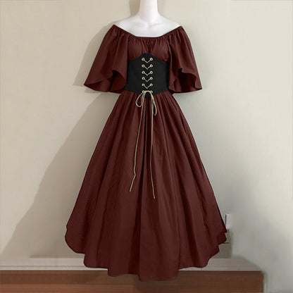 Women's Retro Color Contrast Patchwork Flying Sleeves Cinched Dresses