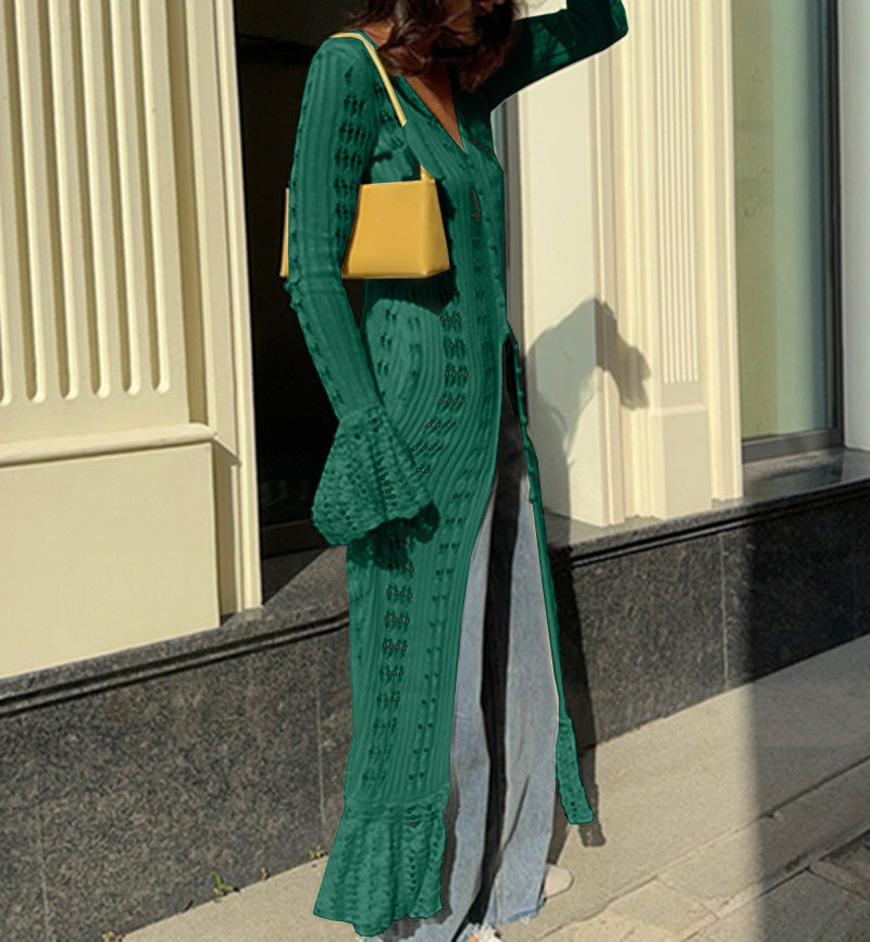 French Style Vacation Hollow Bell Sleeve Woolen Dresses