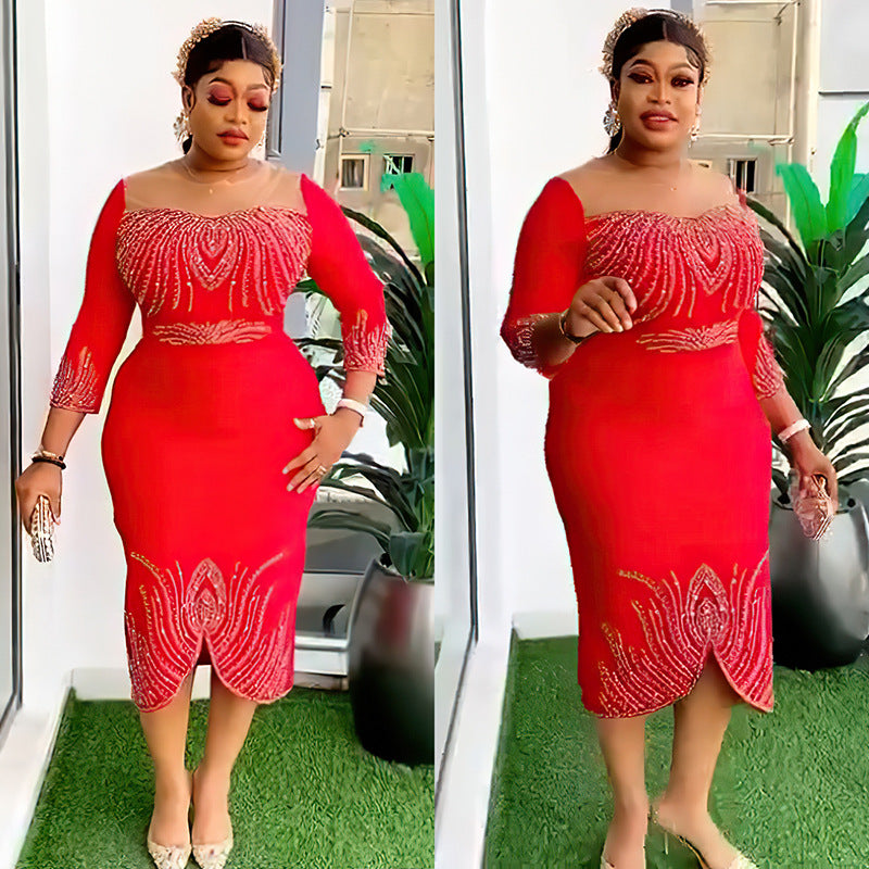 Women's African Fashion Wear Half Sleeve Beaded Hot Drilling Party Dresses