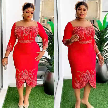 Women's African Fashion Wear Half Sleeve Beaded Hot Drilling Party Dresses