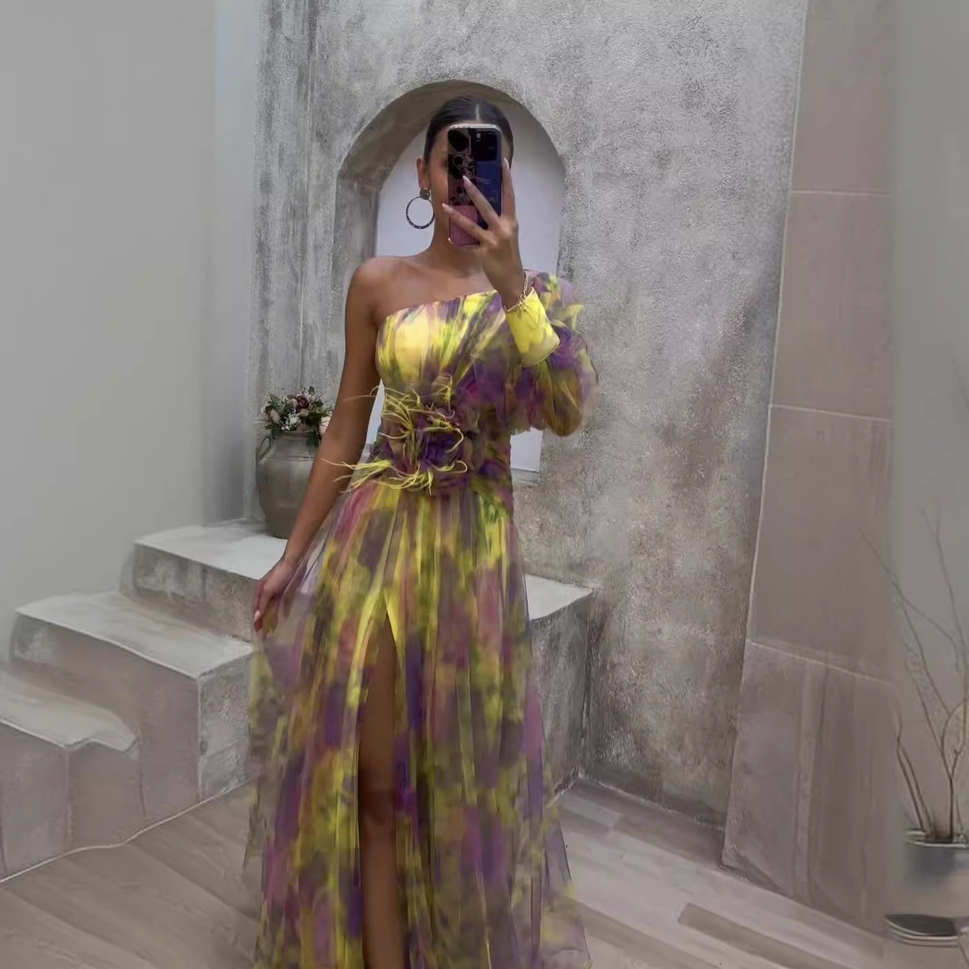 Women's Shoulder Long Sleeve Floral Yarn Dress Dresses