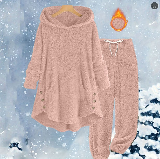 Women's Solid Color Plush Hooded Long Sleeve Suits