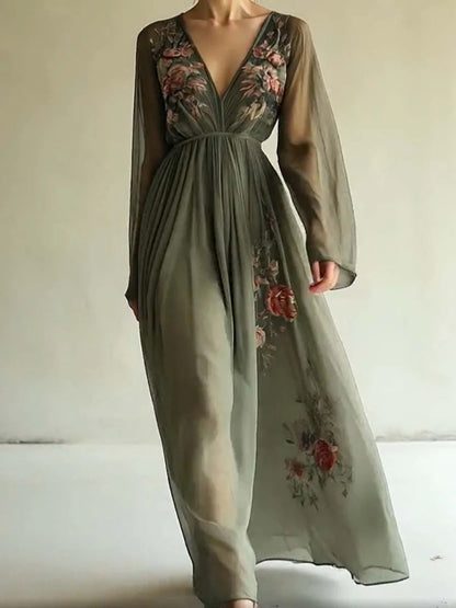 Women's Digital Positioning Printed Long-sleeved Dress Long Dresses