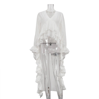 Women's Niche Design Ruffled Mopping Hem Shirt Flared Sleeves Blouses