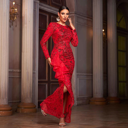 Women's Long-sleeved Round Neck Lace Banquet Sequined Dresses