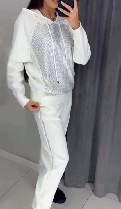 Women's Fashion Casual Hooded Rhinestone Belt Pocket Suits